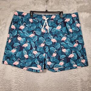 Member's Mark Swim Trunks Mens XXXL Teal Pink Flamingo Tropical Monstera Leaf